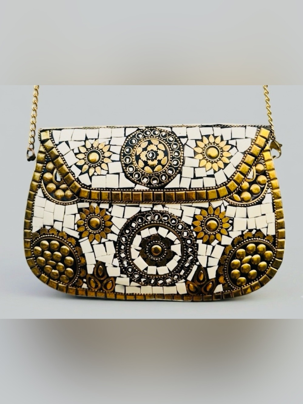 Antik Kraft Handmade White and Gold Mosaic Metal Clutch Bag |Artisanal Crossbody - Picture 2 of 9